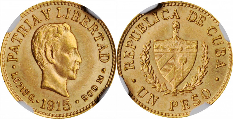 CUBA

CUBA. Peso, 1915. Philadelphia Mint. NGC MS-63.

Fr-7; KM-16. A charmi...