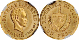 CUBA

CUBA. Peso, 1915. Philadelphia Mint. NGC MS-63.

Fr-7; KM-16. A charming, choice example of this minor gold denomination, offering an appeal...