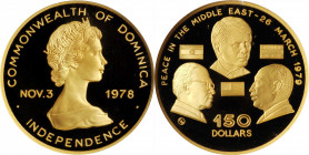 DOMINICA

DOMINICA. 150 Dollars, 1979. NGC PROOF-68 Ultra Cameo.

Fr-Unlisted; KM-18. Mintage: 100. Struck to commemorate the Israel and Egypt Pea...