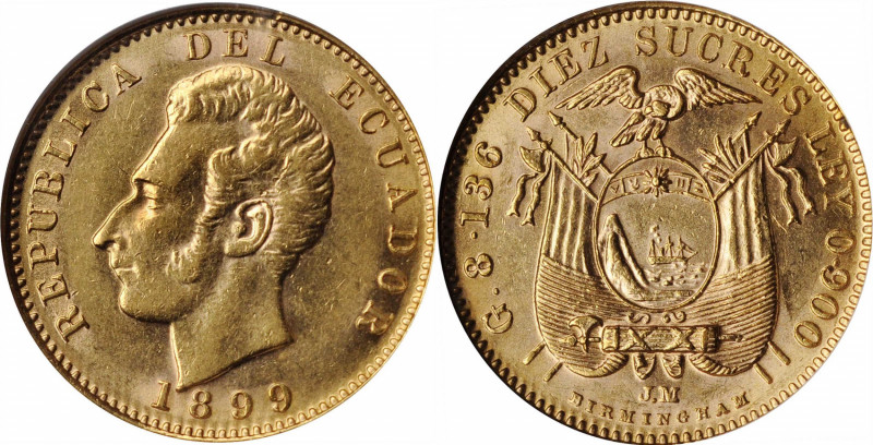 ECUADOR

ECUADOR. 10 Sucres, 1899-JM. Birmingham Mint. NGC AU-55.

Fr-10; KM...