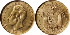ECUADOR

ECUADOR. 10 Sucres, 1899-JM. Birmingham Mint. NGC AU-55.

Fr-10; KM-56. An attractive example for the stated grade, with minimal marks an...
