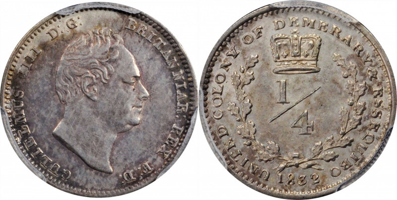 ESSEQUIBO & DEMERARY

ESSEQUIBO & DEMERARY. 1/4 Guilder, 1832. George IV. PCGS...