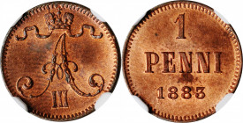 FINLAND

FINLAND. Penni, 1883. Helsinki Mint. Alexander III of Russia. NGC MS-65 Red Brown.

KM-10; Bit-251. Pop: 2, none graded finer in Red Brow...
