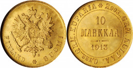FINLAND

FINLAND. 10 Markkaa, 1913-S. Stockholm Mint. Nicholas II of Russia. NGC MS-66.

Fr-6; KM-8.2. AGW: 0.0933 oz. A superb Gem offering inten...