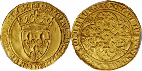 Louis XV and earlier (through 1774)

FRANCE. Ecu d'Or a la couronne, ND (1380-1422). Limoges Mint. Charles VI. PCGS MS-62 Gold Shield.

Fr-291; Du...
