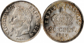 Louis XVI to Napoleon III (1774-1870)

FRANCE. 20 Centimes, 1867-BB. Strasbourg Mint. Napoleon III. PCGS MS-66+ Gold Shield.

KM-808.2; Gad-309. A...
