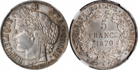 Third Republic to current (since 1870)

FRANCE. 5 Francs, 1870-A. Paris Mint. NGC MS-63.

Dav-93; KM-819; Gad-743. With Motto variety. A classical...