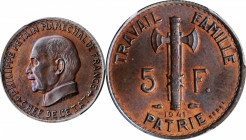Third Republic to current (since 1870)

FRANCE. Copper 5 Francs Essai (Pattern), 1941. Paris Mint. PCGS SPECIMEN-64 Brown Gold Shield.

Maz-2661 v...