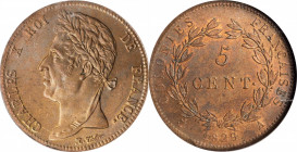 FRENCH COLONIES

FRENCH COLONIES. 5 Centimes, 1829-A. Paris Mint. Charles X. NGC MS-64 Brown.

KM-10.1; Lec-301. Struck for use in Guyana. Quite a...