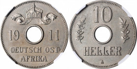 GERMAN EAST AFRICA

GERMAN EAST AFRICA. 10 Heller, 1911-A. Berlin Mint. Wilhelm II. NGC MS-63.

KM-12; J-719. Tied for the finest certified for th...