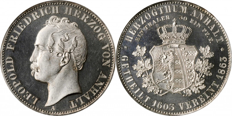 German States

GERMANY. Anhalt-Dessau. Taler, 1863-A. Berlin Mint. Leopold Fri...