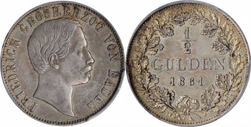 German States

GERMANY. Baden. 1/2 Gulden, 1861. Karlsruhe Mint. Friedrich I. ...