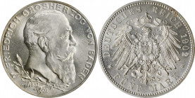 German States

GERMANY. Baden. 5 Mark, 1902. Karlsruhe Mint. Friedrich I. PCGS MS-65 Gold Shield.

Dav-534; KM-273; J-31. Celebrating the 50th yea...