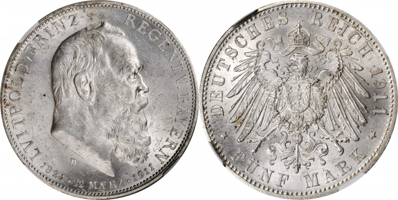 German States

GERMANY. Bavaria. 5 Mark, 1911-D. Munich Mint. Luitpold as Prin...