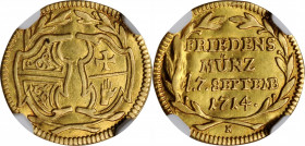 German States

GERMANY. Hall. 1/4 Ducat, 1714-N. NGC AU-58.

Fr-1079; KM-20. Struck to commemorate the peace of Baden. A well struck and presentab...