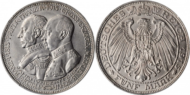 German States

GERMANY. Mecklenburg-Schwerin. 5 Mark, 1915-A. Berlin Mint. PCG...