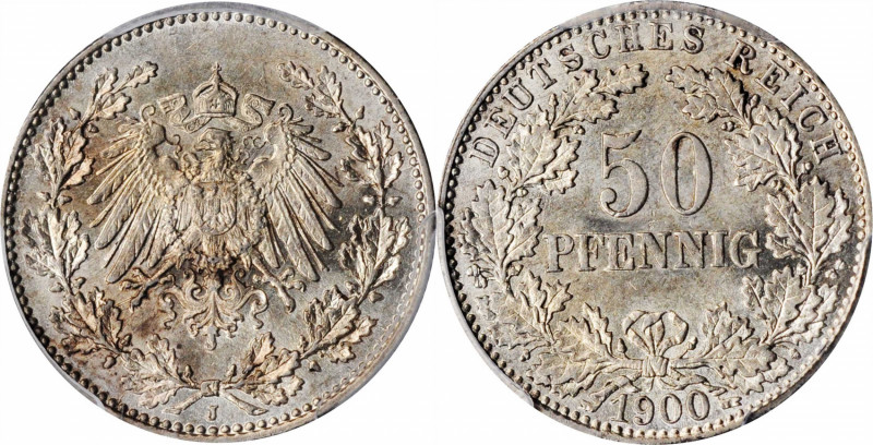 German Empire and Later

GERMANY. Empire. 50 Pfennig, 1900-J. Hamburg Mint. Wi...