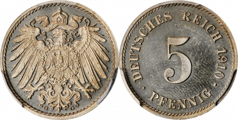 German Empire and Later

GERMANY. Empire. 5 Pfennig, 1910-G. Karlsruhe Mint. W...