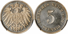 German Empire and Later

GERMANY. Empire. 5 Pfennig, 1910-G. Karlsruhe Mint. Wilhelm II. PCGS PROOF-65 Cameo Gold Shield.

KM-11; J-12. This treme...