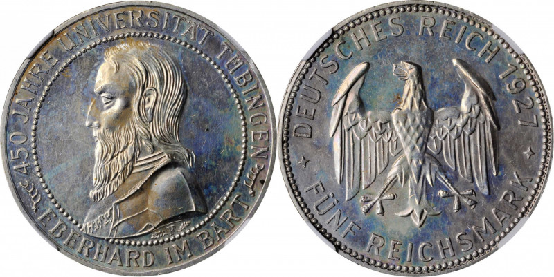 German Empire and Later

GERMANY. Weimar Republic. 5 Mark, 1927-F. Stuttgart M...