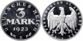 German Empire and Later

GERMANY. Weimar Republic. 3 Mark, 1923-E. Muldenhutten Mint. NGC PROOF-68.

KM-29. Hard mirrored fields with bold frosted...