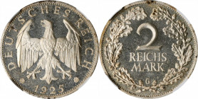 German Empire and Later

GERMANY. Weimar Republic. 2 Mark, 1925-G. Karlsruhe Mint. NGC PROOF-65 Cameo.

KM-45; J-320. Quite brilliant and glisteni...