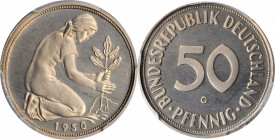 German Empire and Later

GERMANY. Federal Republic. 50 Pfennig, 1950-G. Karlsruhe Mint. PCGS PROOF-66 Cameo Gold Shield.

KM-109.1; J-384. Mintage...