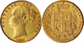 Victoria (1837-1901)

GREAT BRITAIN. Sovereign, 1849. London Mint. Victoria. PCGS AU-58 Gold Shield.

S-3852C; Fr-387e; KM-736.1. A highly engagin...