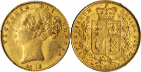 Victoria (1837-1901)

GREAT BRITAIN. Sovereign, 1863. London Mint. Victoria. PCGS AU-53 Gold Shield.

S-3852D; Fr-387e; KM-736.1. No Die Number / ...