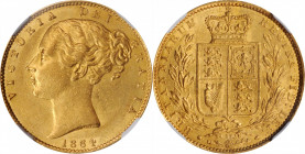 Victoria (1837-1901)

GREAT BRITAIN. Sovereign, 1864. London Mint. Victoria. NGC AU-58.

S-3853; Fr-387i; KM-736.2. Die #33. Lightly toned and fai...