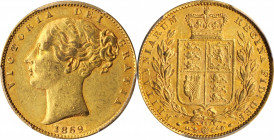 Victoria (1837-1901)

GREAT BRITAIN. Sovereign, 1869. London Mint. Victoria. PCGS AU-58 Gold Shield.

S-3853; Fr-387i; KM-736.2. Die #45. Delightf...