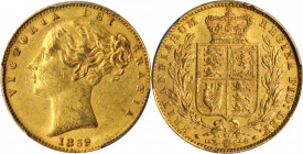 Victoria (1837-1901)

GREAT BRITAIN. Sovereign, 1869. London Mint. Victoria. PCGS AU-58 Gold Shield.

S-3853; Fr-387i; KM-736.2. Die #61. Very lig...