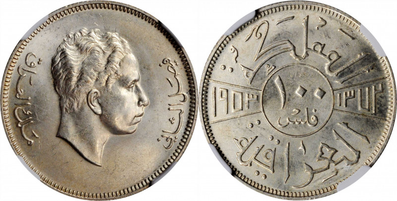IRAQ

IRAQ. 100 Fils, AH 1372//1953. London Mint. NGC MS-63.

KM-115. A well...