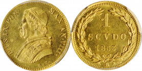 Italian States (including Papal and Vatican City)

ITALY. Papal States. Scudo, 1853-R Year VIII. Rome Mint. Pius IX. PCGS MS-63 Gold Shield.

Fr-2...