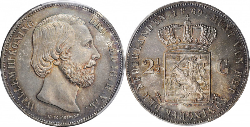 NETHERLANDS

NETHERLANDS. 2-1/2 Gulden, 1869. Utrecht Mint; privy mark: sword....