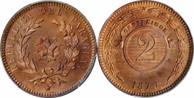PARAGUAY

PARAGUAY. 2 Centesimos, 1870-SHAW. Heaton Mint. PCGS MS-65 Red Brown Gold Shield.

KM-3. Despite the red-brown designation, this Gem off...