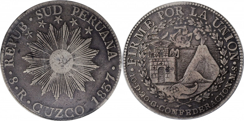 PERU

PERU. South Peru. 8 Reales, 1837-MS. Cuzco Mint. PCGS VF-30 Gold Shield....