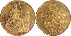 PERU

PERU. 100 Soles, 1954. Lima Mint. NGC MS-64.

Fr-78; KM-231. Mintage: 1,808. AGW: 1.3543 oz. This delightful near-Gem gold issue radiates wi...