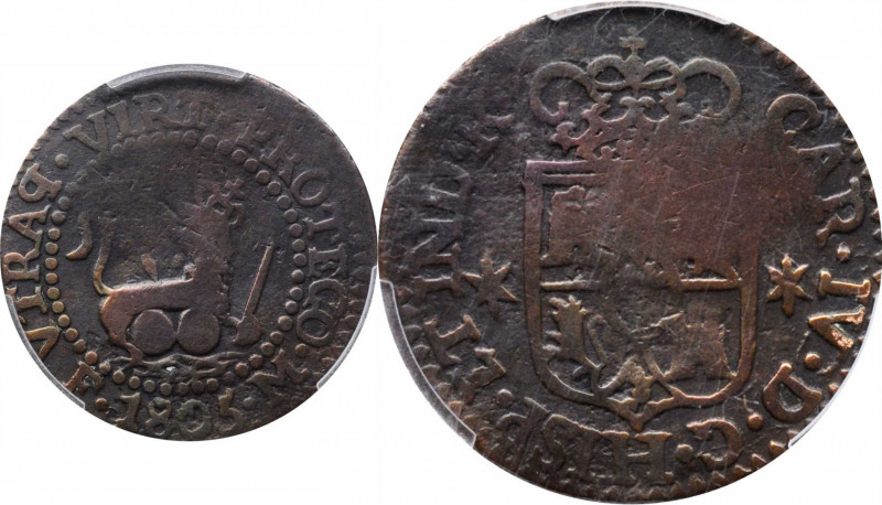 PHILIPPINES

PHILIPPINES. Quarto, 1805-M F. Manila Mint. Charles IV. PCGS Genu...