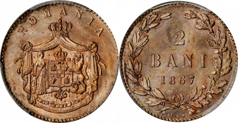 ROMANIA

ROMANIA. 2 Bani, 1867-HEATON. Heaton Mint. Carol I. PCGS SPECIMEN-64+...
