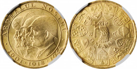 ROMANIA

ROMANIA. Gold Medallic 20 Lei, 1944. NGC MS-65.

Fr-21; KMX-M13; S&S-129. Honoring the 'three Romanian kings,' this medallic issue has lu...