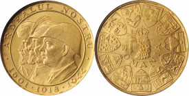 ROMANIA

ROMANIA. Gold Medallic 20 Lei, 1944. ANACS MS-63.

Fr-21; KMX-M13; S&S-129. Honoring the 'three Romanian kings,' this medallic issue offe...