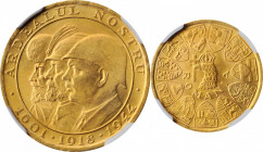 ROMANIA

ROMANIA. Gold Medallic 20 Lei, 1944. NGC MS-62.

Fr-21; KMX-M13; S&S-129. Struck to commemorate the "three Romanian kings". A nicely stru...