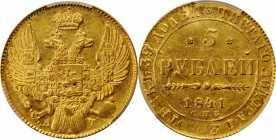 RUSSIA

RUSSIA. 5 Rubles, 1841-CNB AY. St. Petersburg Mint. Nicholas I. PCGS AU-58 Gold Shield.

Fr-155; KM-C-175.1; Bit-18. A pleasing and wholes...