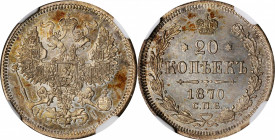 RUSSIA

RUSSIA. 20 Kopeks, 1870-CNB HI. St. Petersburg Mint. Alexander II. NGC MS-64.

KM-Y-22a.1; Bit-218. Mostly steely gray and brilliant, this...