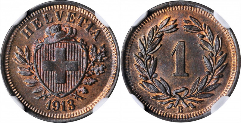 SWITZERLAND

SWITZERLAND. Rappen, 1913-B. Bern Mint. NGC MS-66 Brown.

KM-3....