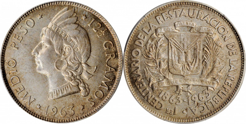 DOMINICAN REPUBLIC

DOMINICAN REPUBLIC. 1/2 Peso, 1963. London Mint. PCGS MS-6...