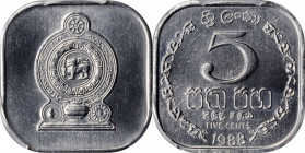 SRI LANKA

SRI LANKA. 5 Cents, 1988. Llantrisant Mint. PCGS SPECIMEN-67 Gold Shield.

KM-139a. Square shaped. The middle date in a brief three-yea...