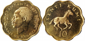 TANZANIA

TANZANIA. 10 Senti, 1977. Kings Norton Mint. PCGS SPECIMEN-66 Gold Shield.

KM-11. Scallop shaped. A dazzling, somewhat mirrored specime...