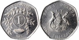 UGANDA

UGANDA. Nickel Shilling Pattern, 1987. Llantrisant Mint. PCGS SPECIMEN-67 Gold Shield.

cf. KM-27/30 (for denomination/planchet). Septagon...